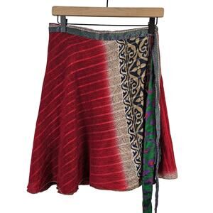 Darn Good Yarn Sari Wrap Skirt Mini Length (Fits Sizes 8-20) Red Tan‎ Multi